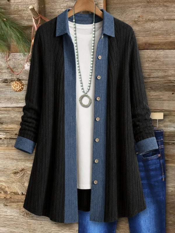 Ribbed Denim Trim Long Cardigan