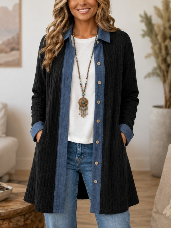 Ribbed Denim Trim Long Cardigan