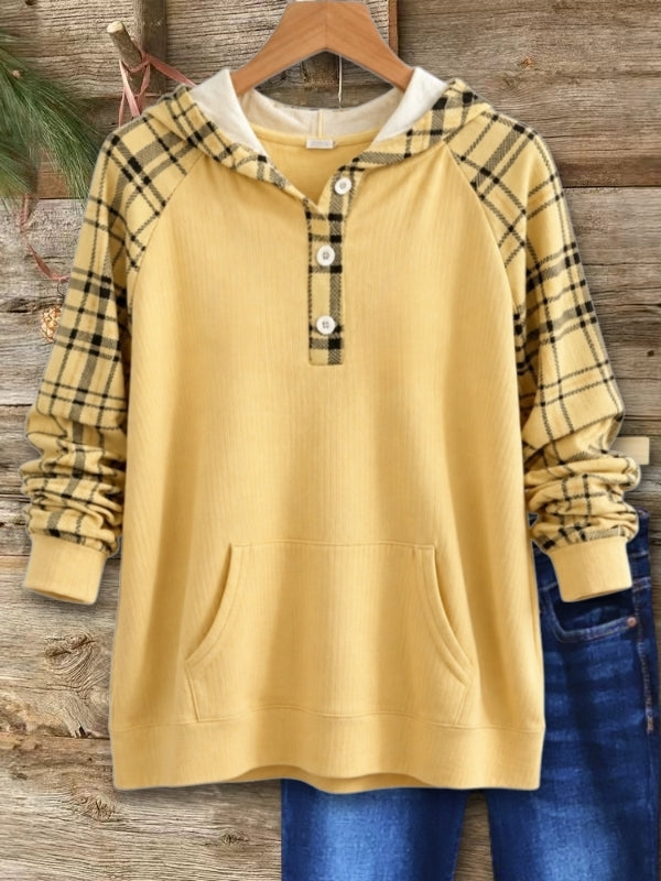Plaid Sleeve Henley Hooded Tunic