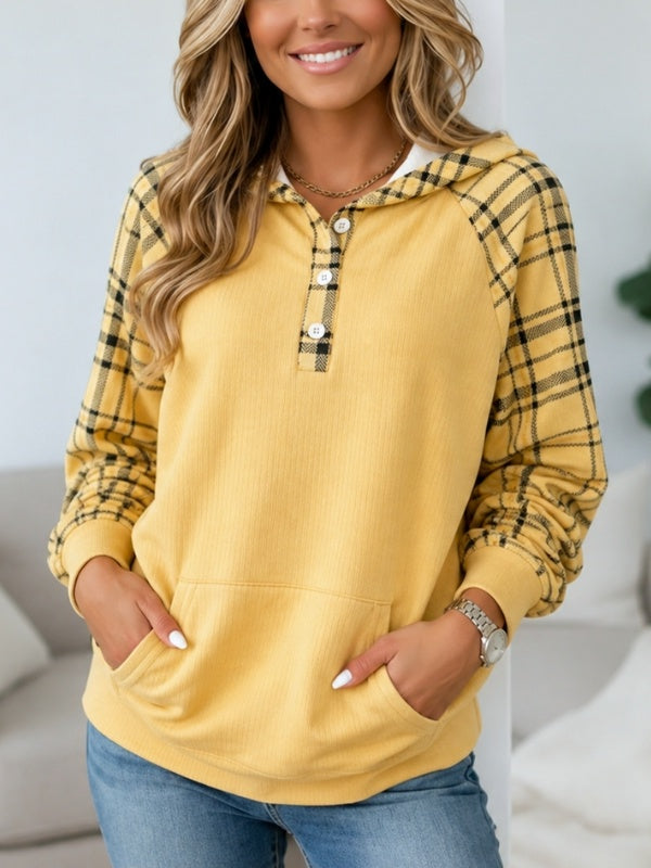 Plaid Sleeve Henley Hooded Tunic