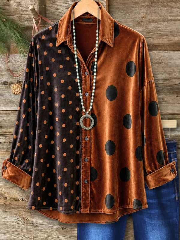 Polka Dot Patchwork Velvet Button Shirt