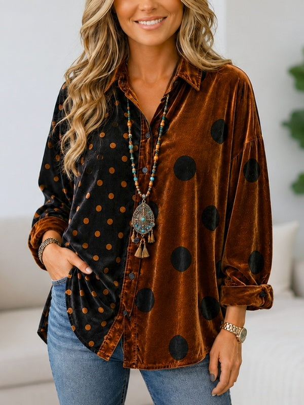 Polka Dot Patchwork Velvet Button Shirt