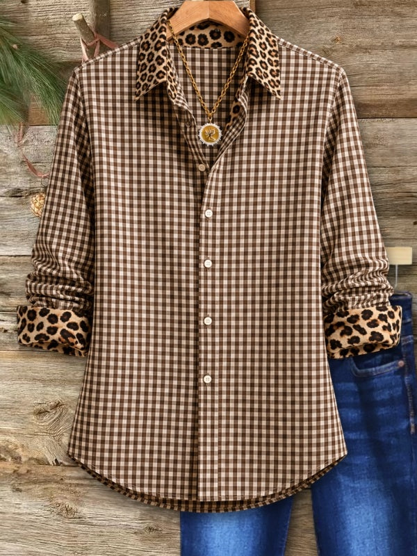 Gingham Leopard Trim Button Down Shirt