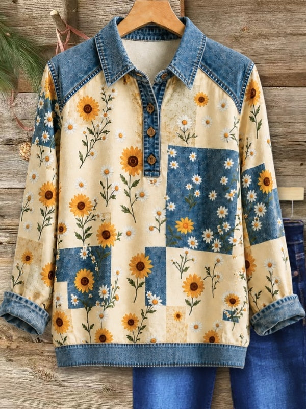 Floral Print Patchwork Denim Henley Tunic