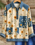 Floral Print Patchwork Denim Henley Tunic