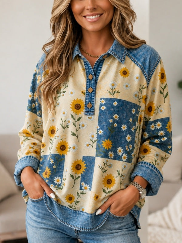 Floral Print Patchwork Denim Henley Tunic