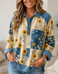 Floral Print Patchwork Denim Henley Tunic