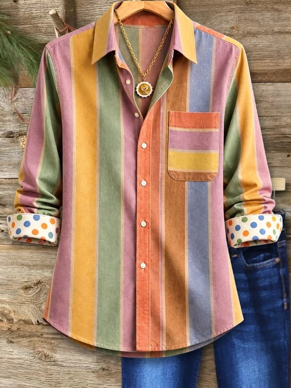 Multicolor Stripe Polka Dot Cuff Shirt