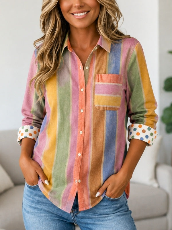 Multicolor Stripe Polka Dot Cuff Shirt
