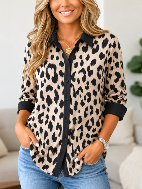Leopard Print Contrast Collar Shirt