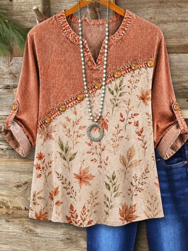 Floral&amp;Leaf Print Roll-Tab Sleeve Babydoll Top