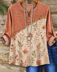 Floral&Leaf Print Roll-Tab Sleeve Babydoll Top