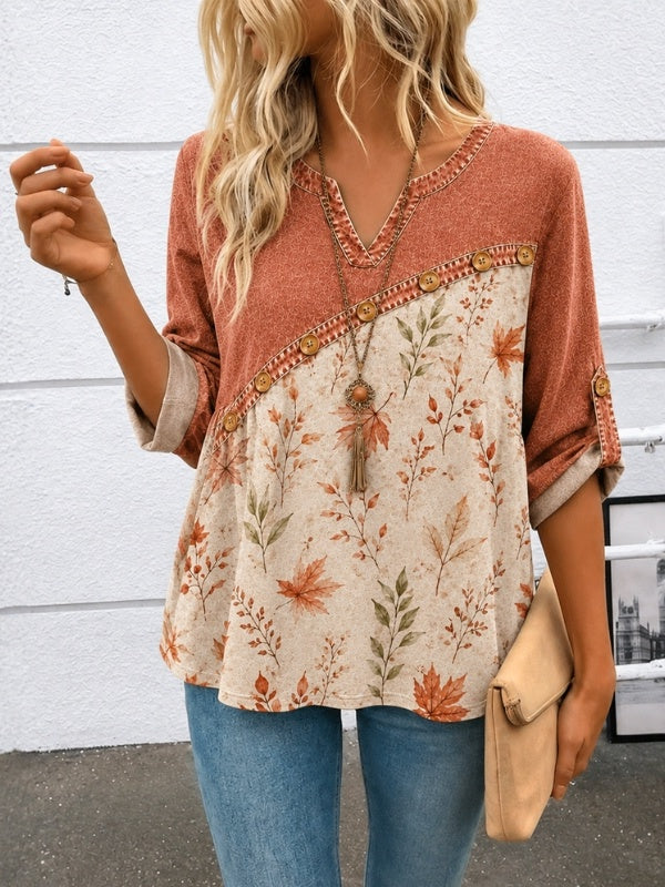 Floral&amp;Leaf Print Roll-Tab Sleeve Babydoll Top