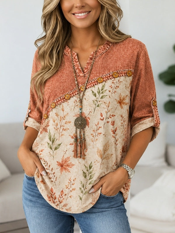 Floral&amp;Leaf Print Roll-Tab Sleeve Babydoll Top