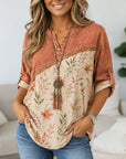 Floral&Leaf Print Roll-Tab Sleeve Babydoll Top