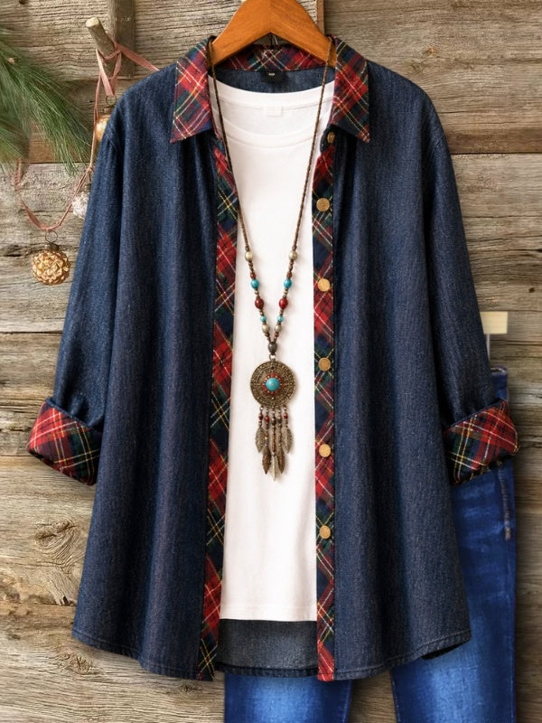 Plaid Trim Denim Tunic Shirt Jacket