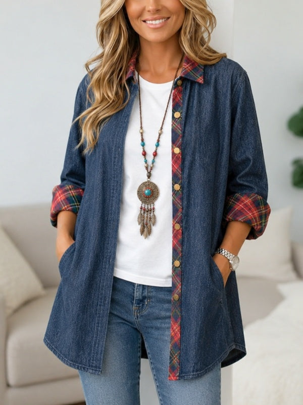 Plaid Trim Denim Tunic Shirt Jacket