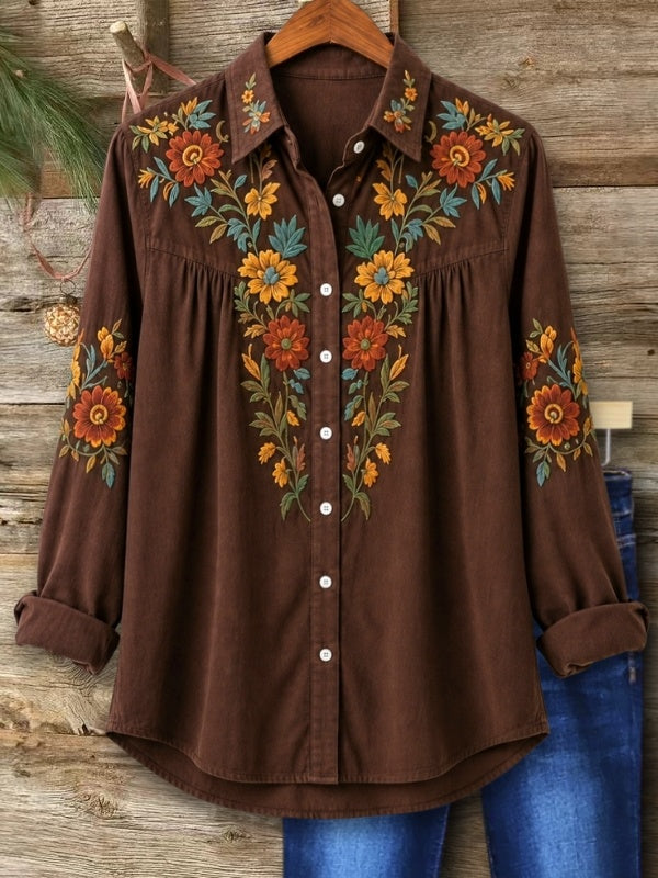 Floral Embroidery Button-Up Tunic Shirt