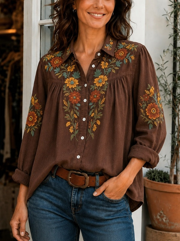 Floral Embroidery Button-Up Tunic Shirt