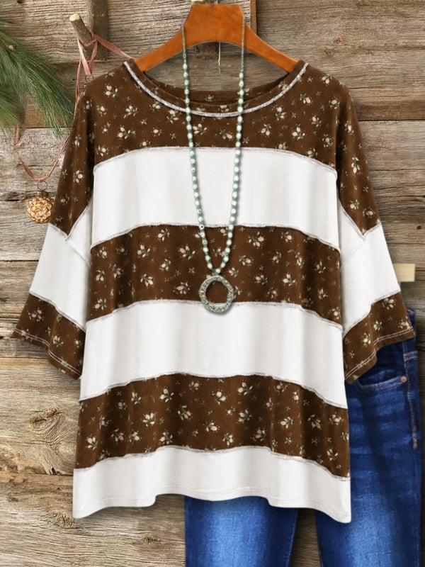 Floral Print Patchwork Half-Sleeve Top