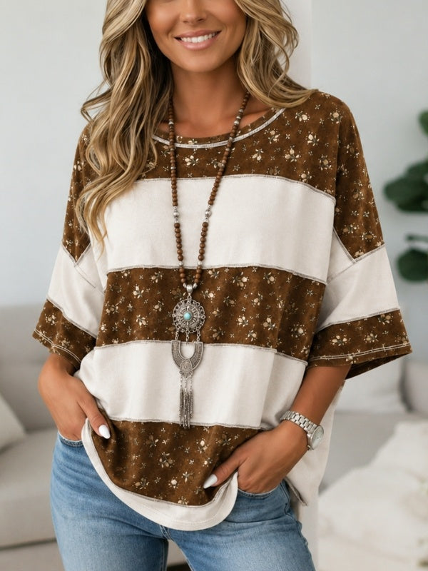 Floral Print Patchwork Half-Sleeve Top