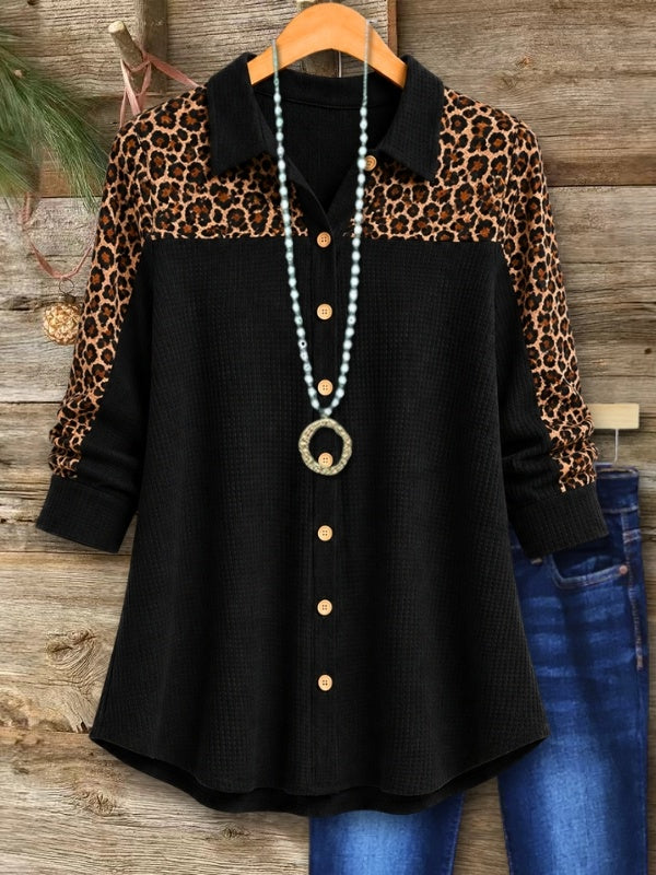 Leopard Print Waffle Knit Button-Up Tunic