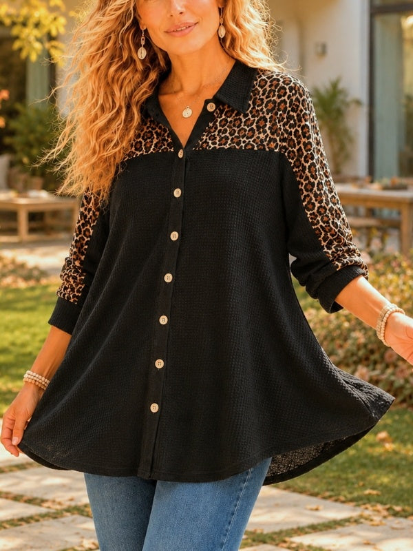 Leopard Print Waffle Knit Button-Up Tunic