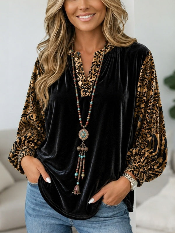 Animal Print Velvet Balloon Sleeve Tunic