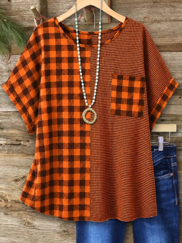 Plaid Patchwork Short Sleeve Tunic