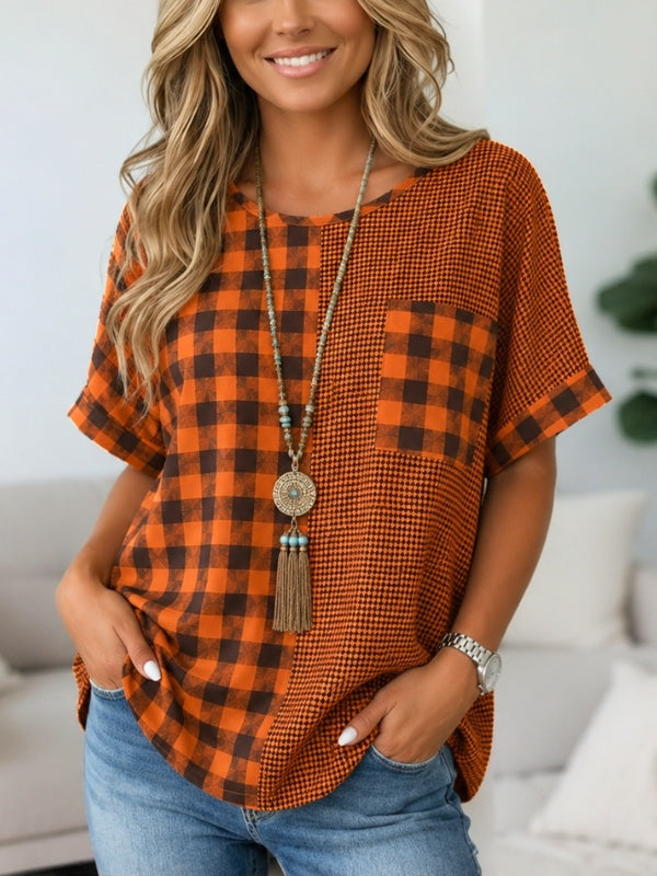 Plaid Patchwork Short Sleeve Tunic