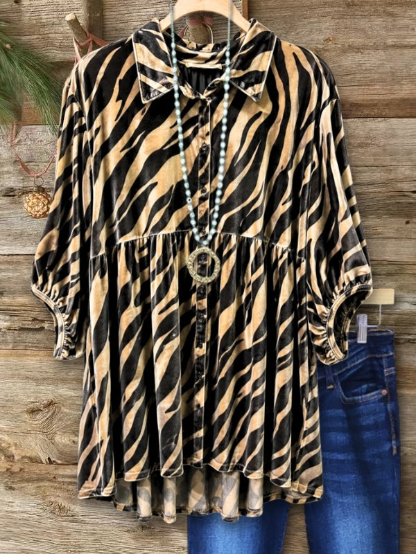 Zebra Print Velvet Button Babydoll Tunic