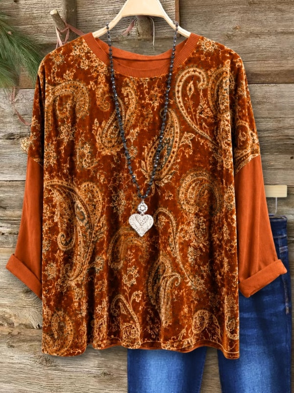 Paisley Print Velvet Crew Neck Top