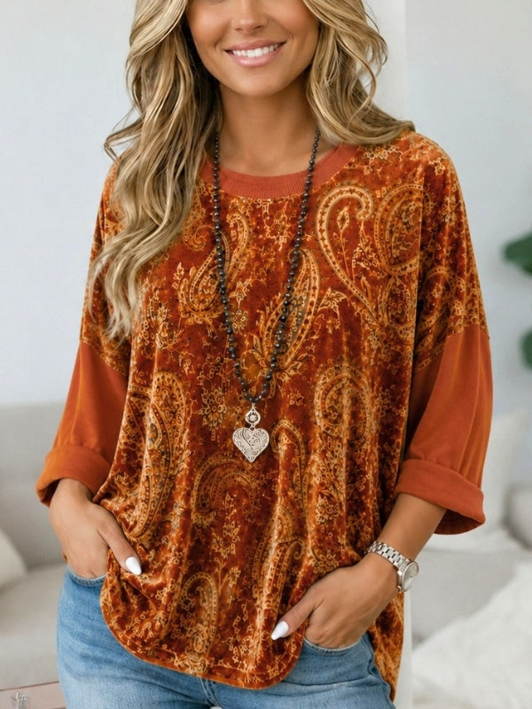 Paisley Print Velvet Crew Neck Top