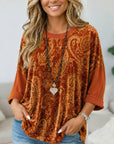 Paisley Print Velvet Crew Neck Top