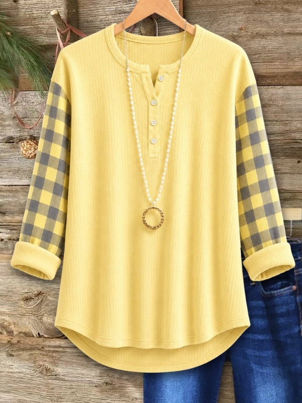 Plaid Sleeve Henley Top