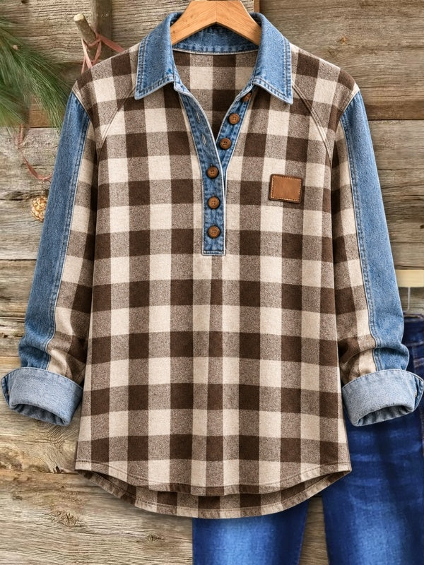 Plaid Denim Patchwork Henley Top