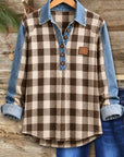 Plaid Denim Patchwork Henley Top