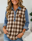 Plaid Denim Patchwork Henley Top