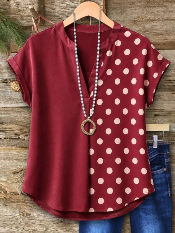 Polka Dot Patchwork V-Neck Short Sleeve Blouse