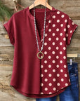 Polka Dot Patchwork V-Neck Short Sleeve Blouse
