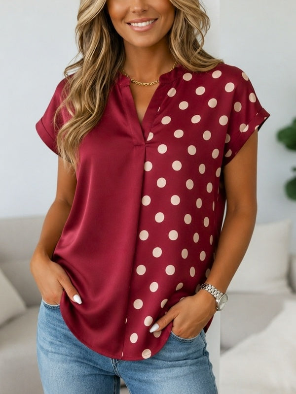 Polka Dot Patchwork V-Neck Short Sleeve Blouse
