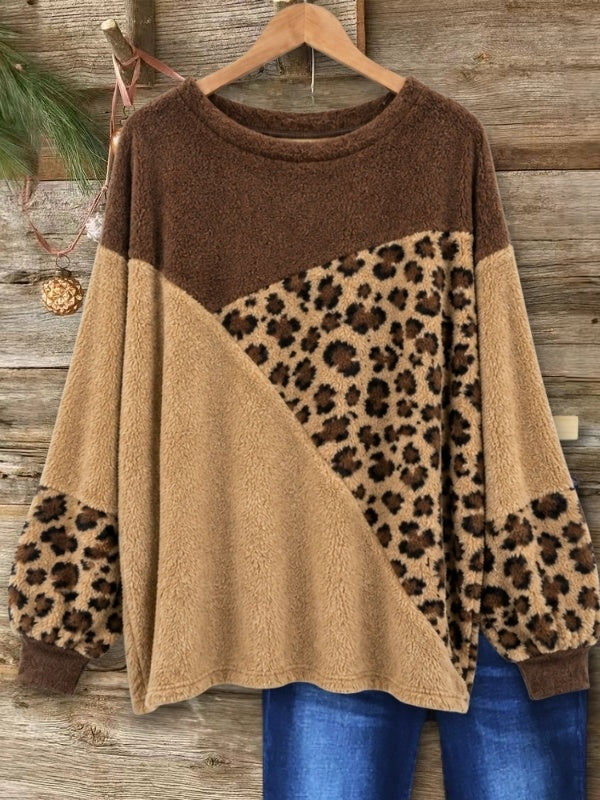 Leopard Patchwork Balloon Sleeve Fleece Pullover