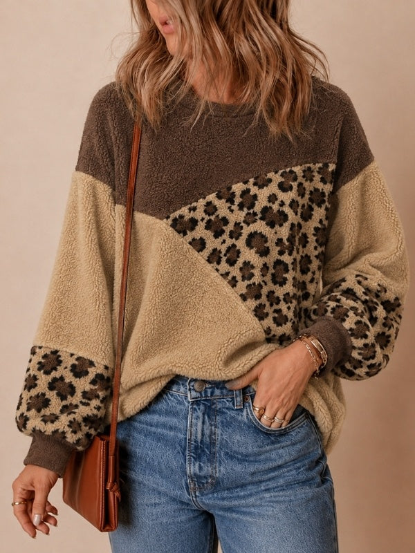 Leopard Patchwork Balloon Sleeve Fleece Pullover