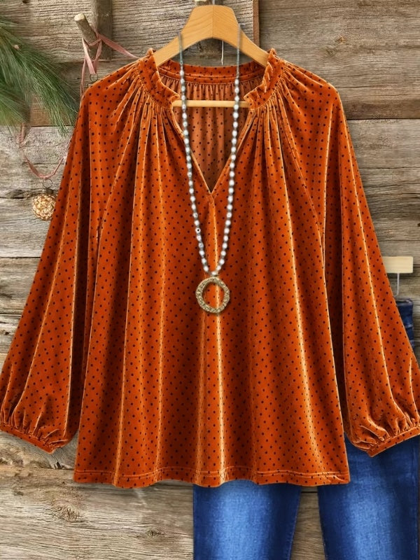 Polka Dot Ruffle Neck Balloon Sleeve Blouse
