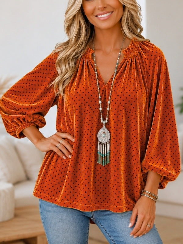 Polka Dot Ruffle Neck Balloon Sleeve Blouse