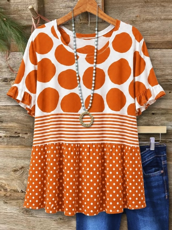 Mixed Polka Dot Babydoll Top with Ruffle Sleeves