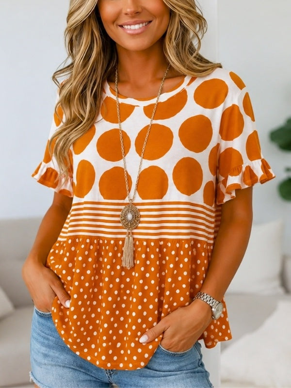 Mixed Polka Dot Babydoll Top with Ruffle Sleeves