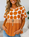 Mixed Polka Dot Babydoll Top with Ruffle Sleeves