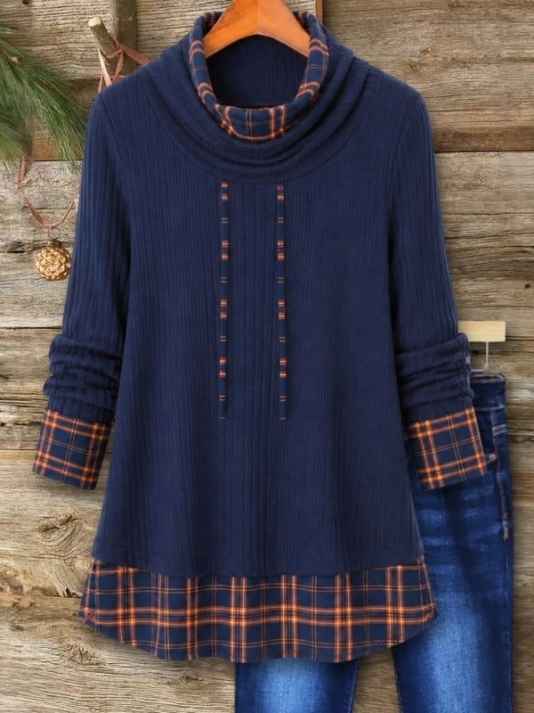 Plaid Patchwork Cowl Neck Ribbed Tunic