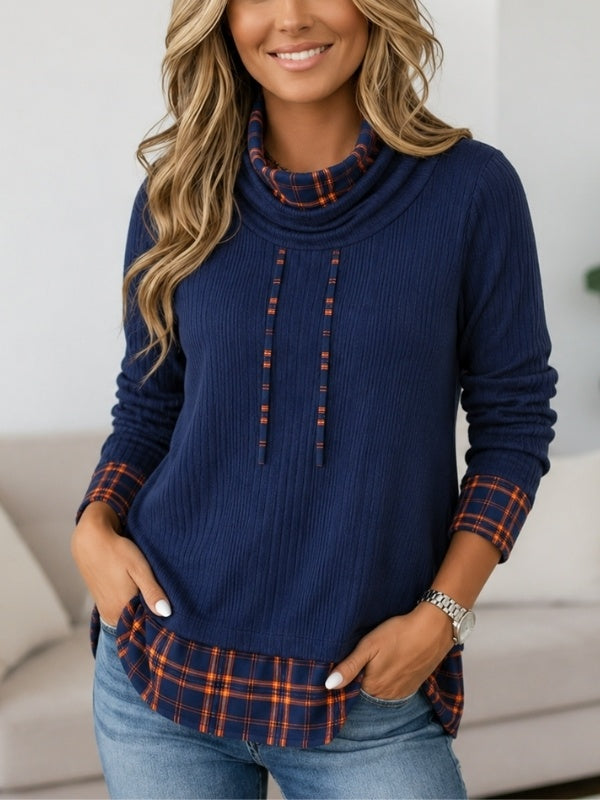 Plaid Patchwork Cowl Neck Ribbed Tunic